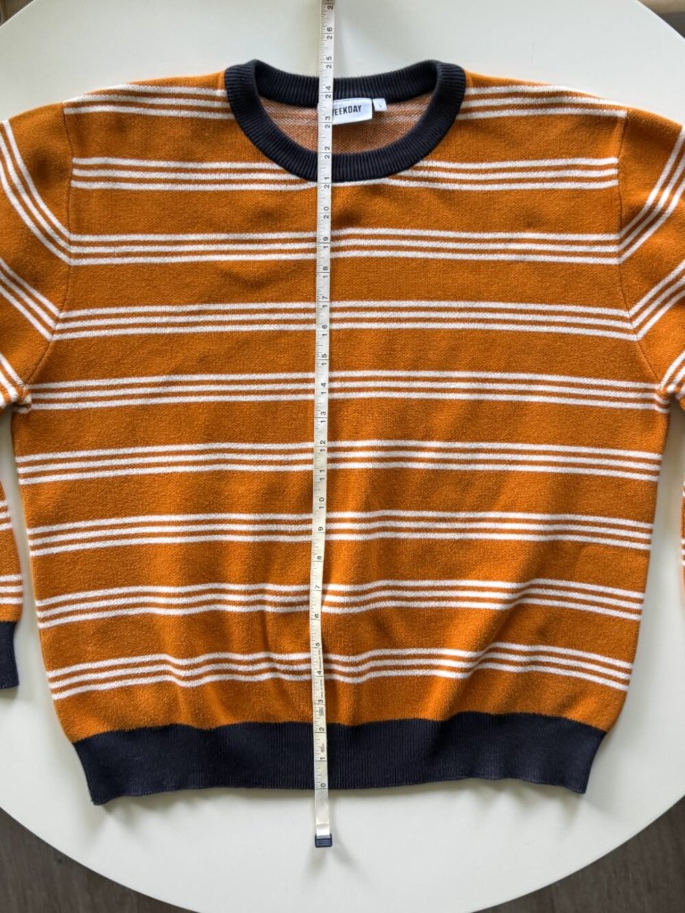 Weekday Johan Striped Sweater Large L Orange Navy White Knit Crewneck Pullover - Picture 3 of 7